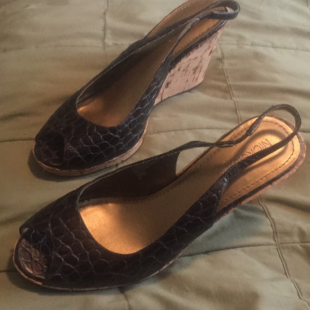 Vintage black leather croc peeptoe cork slingbacks